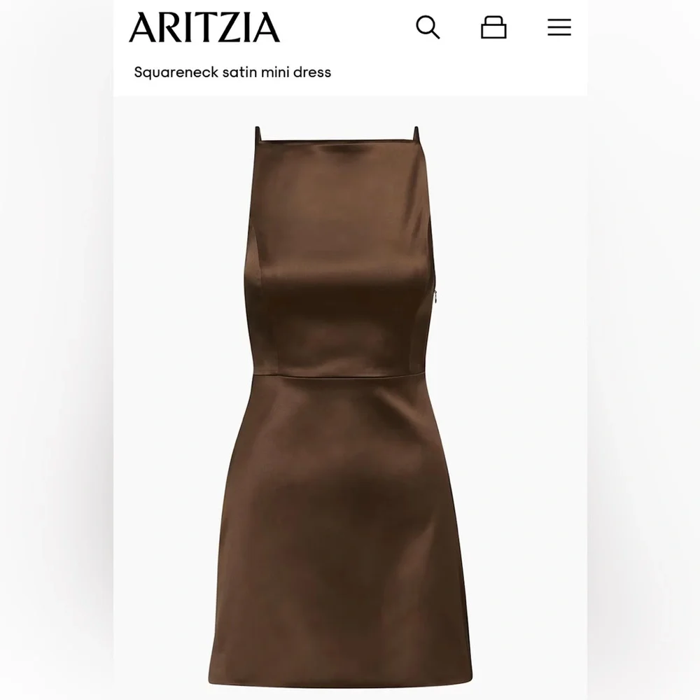 Aritzia Satin Silk Brown Mini Dress Square High Neck - Picture 1 of 10